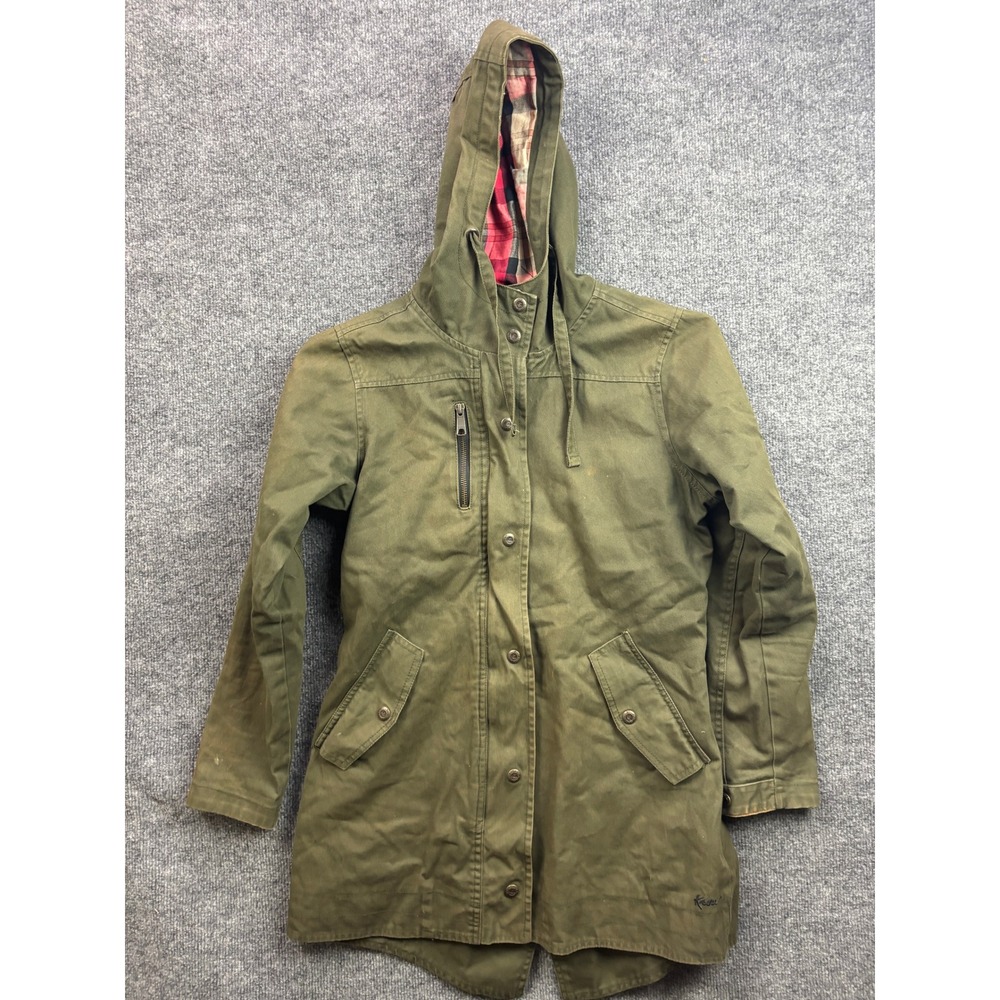 KAVU Parka Jacket Women Small Green Hooded Plaid Lined Utility Coat
